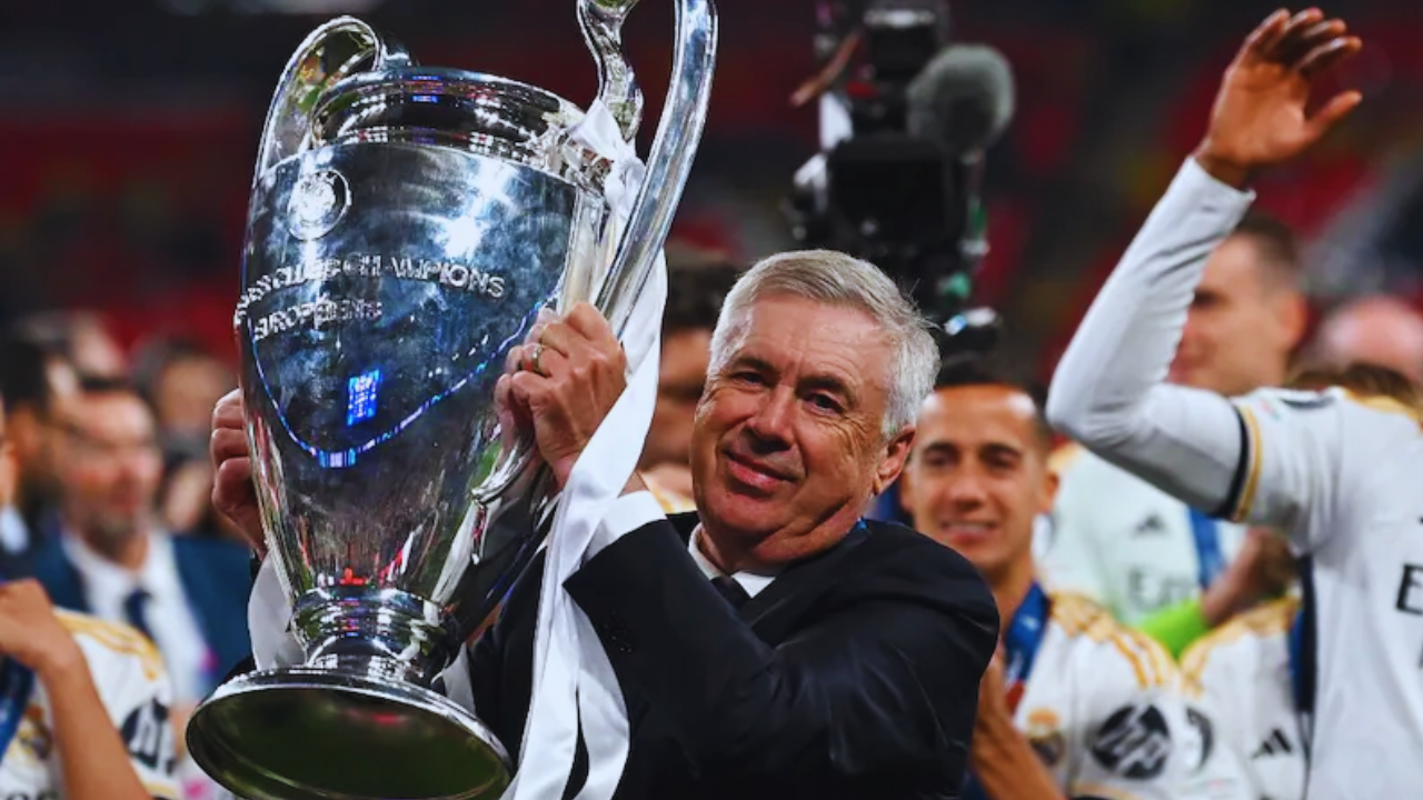 Real Madrid coach Carlo Ancelotti with the Champions League trophy 2024