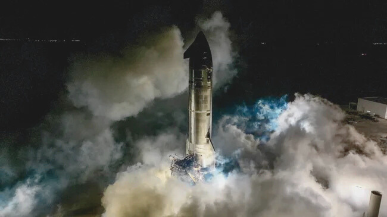 SpaceX test-fires a Starship upper stage ahead of Starship's upcoming ninth test flight. SpaceX shared this photo via X on May 1, 2025. (Image credit: SpaceX)
