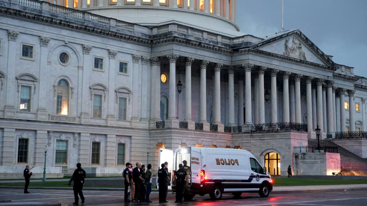 Protesters are detained after breaking through barrier fencing on Capitol Hill in Washington, DC, on June 13, 2025.
